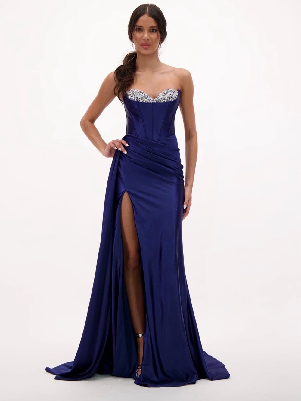 Strapless Royal Blue Evening Gown with Embellished Bust